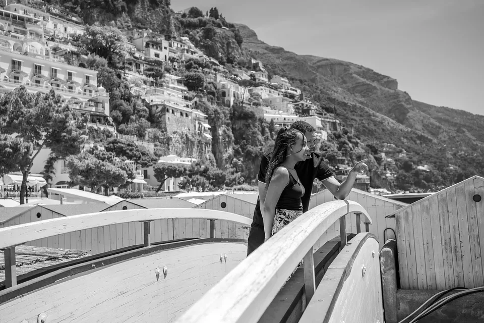 Black and white coastal landscape couple story