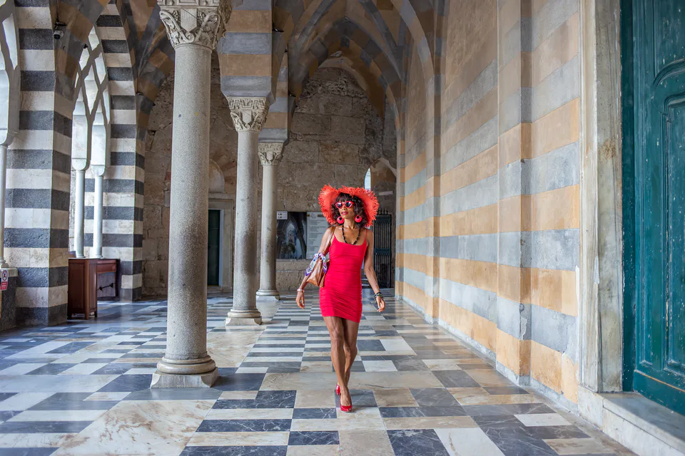 Editorial portrait in an Italian colonnade