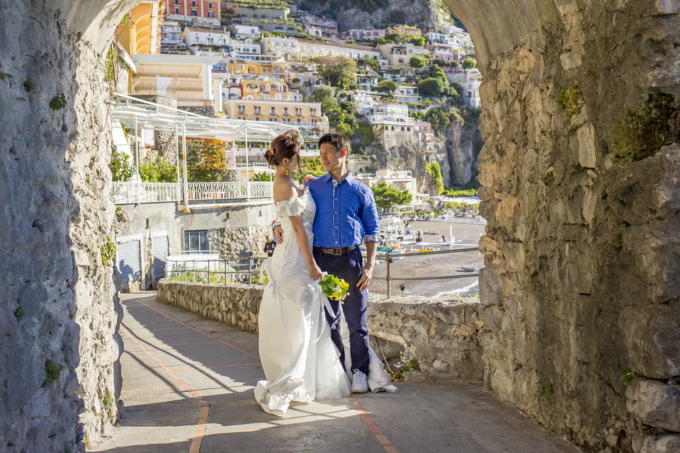 Elegant bride in soft coastal light